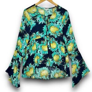 Umgee Teal Sunflower High Low Blouse Top Bell Sleeve Tie Neck Lightweight Medium